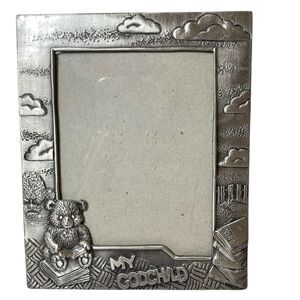 Vintage Metal My Godchild Picture Photo Frame Teddy Bear Sixtrees Pewter 3.5X5"